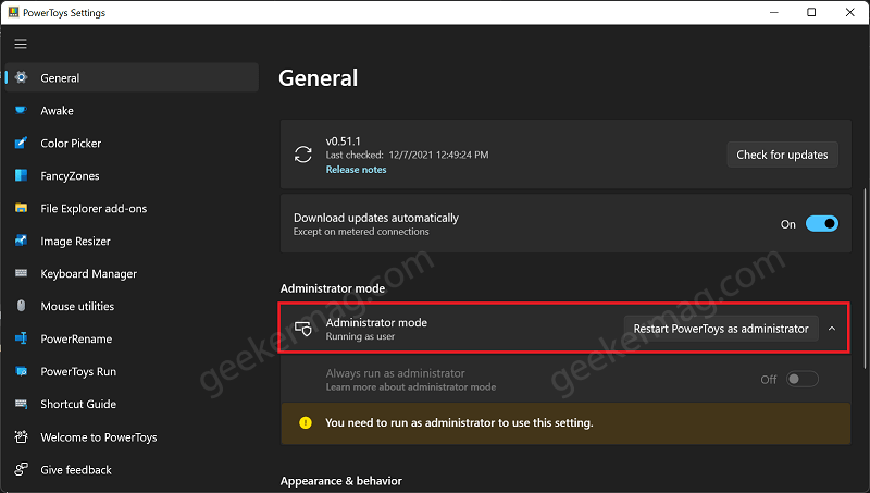 Run Powertoys as administrator in windows 11
