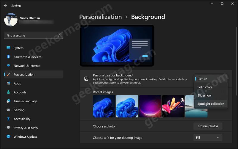 spotlight collection option in background settings in windows 11