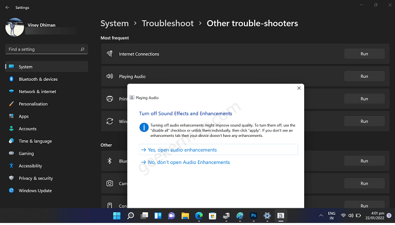 Run audio troubleshooter in windows 11