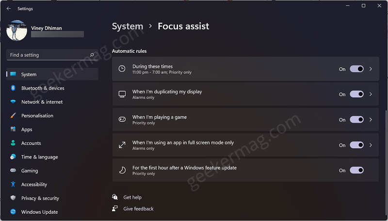focus assist automatic rules in windows 11