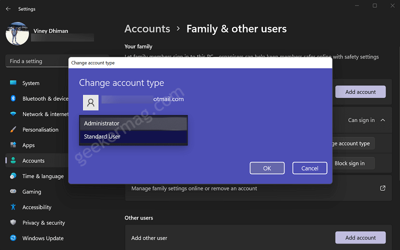 select account type in Windows 11