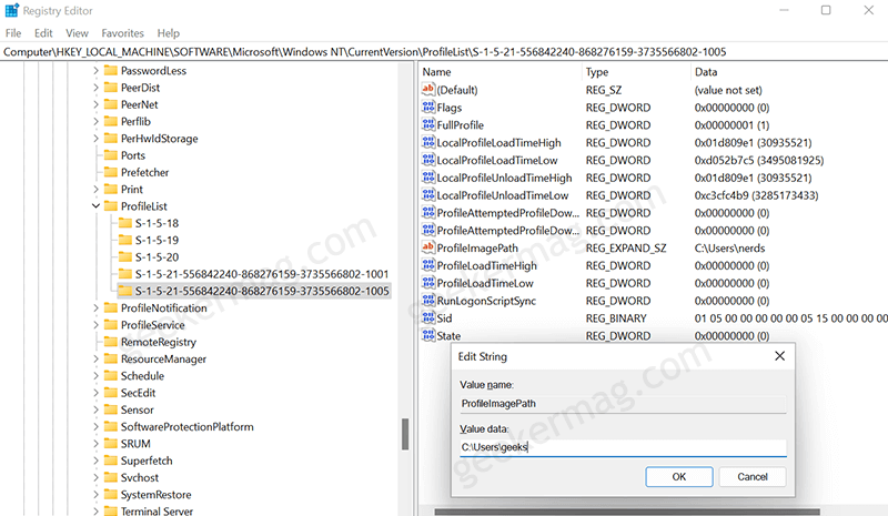 Change Profile Image path string value data in windows 11