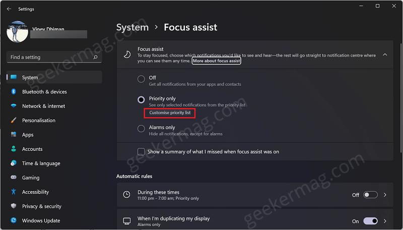 To manage Focus Assist Priority List in Windows 11