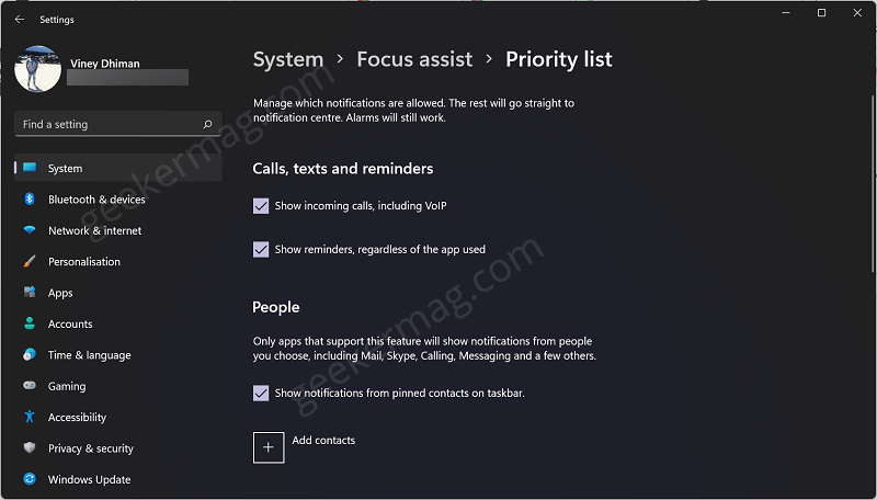 To manage Focus Assist Priority List in Windows 11