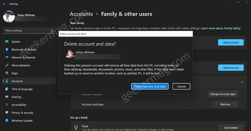 Delete account and data option in Windows 11