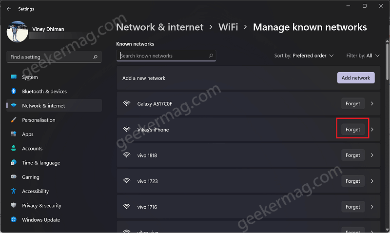 Forget wifi network in windows 11