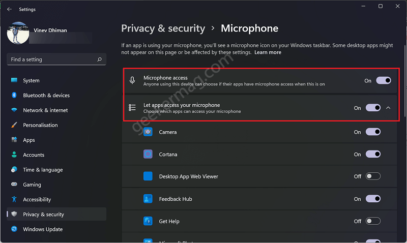 Turn on microphone privacy settings in windows 11