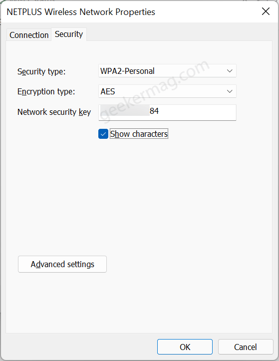 Wireless network properties windows in Windows 11