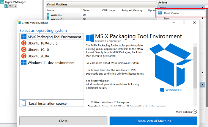 quick create virtual machine on hyper v manager 