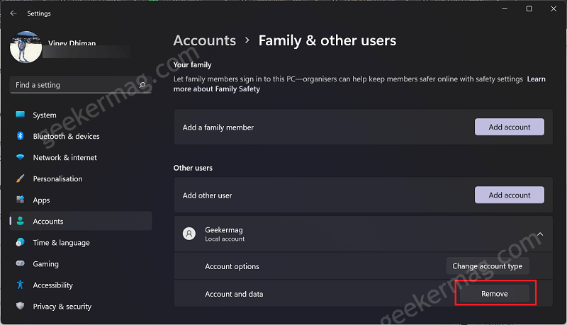 Local account under family and other user section in windows 11