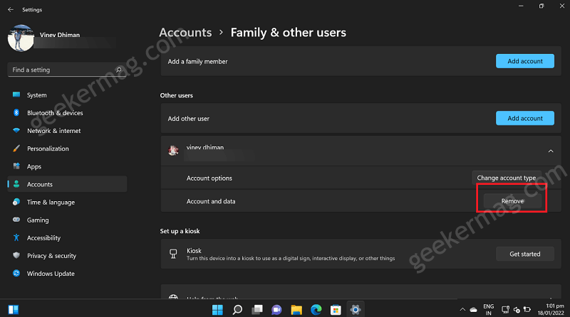 Remove account option in Family and other users in windows 11