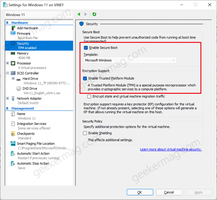 manage security settings on hyper v