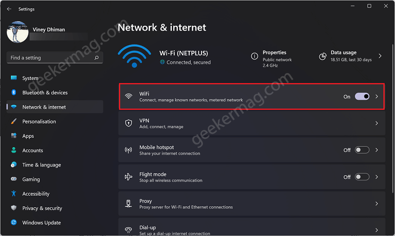 Wifi option in windows 11