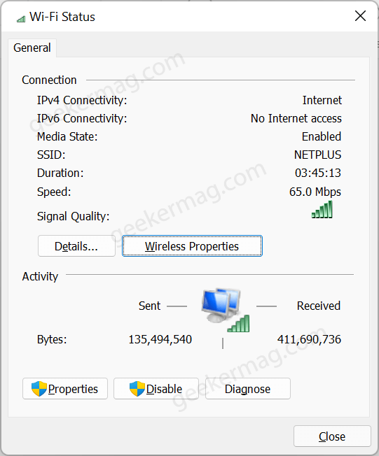 Wireless properties option in windows 11