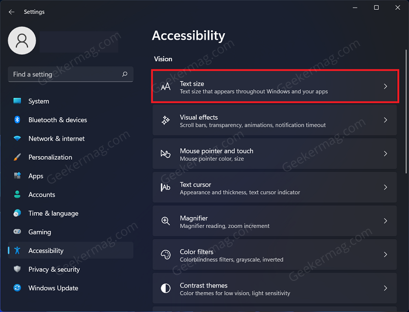 Text size settings in windows 11