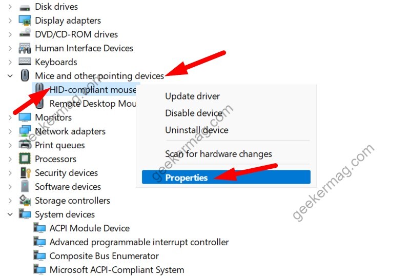 Click on properties for Mice devices