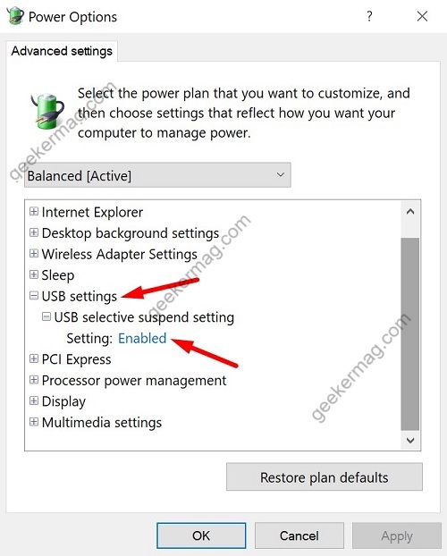 Enable USB Selective Suspend setting