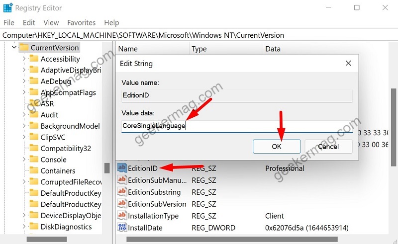 Enter CoreSingleLanguage value for EditionID