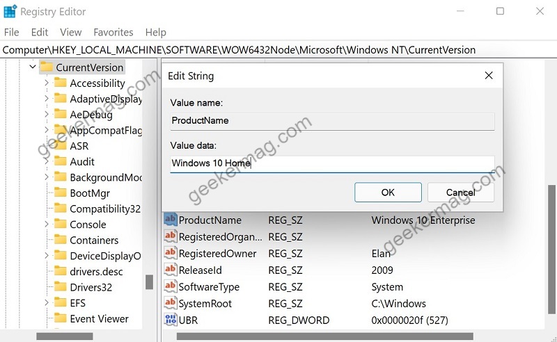 Enter Windows 10 Home for ProductName