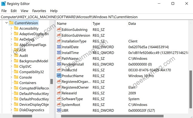 Open currentversion registry