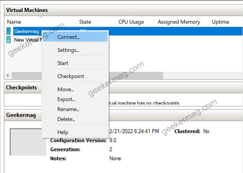 Right click on Virtual machine and then select connect