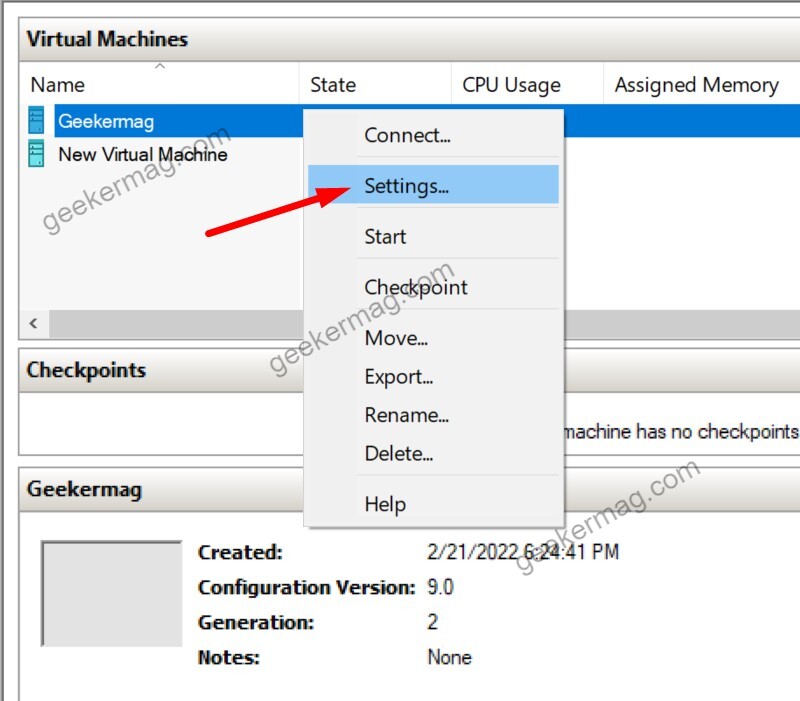 right-click on the virtual machine, and select Settings