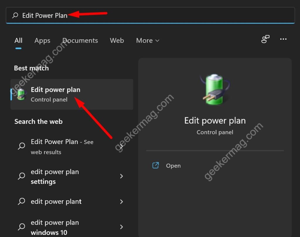 Search for Edit Power Plan in start menu