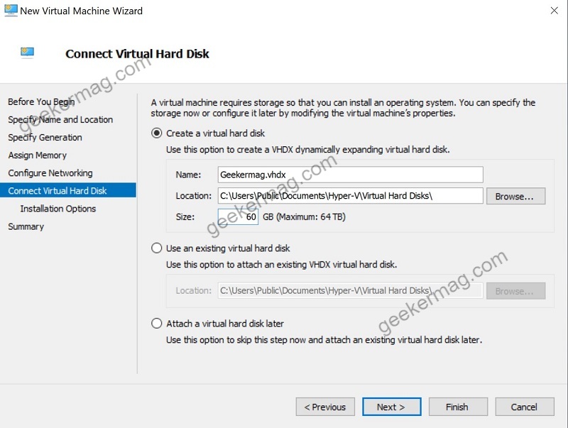 Select Hard disk space and location