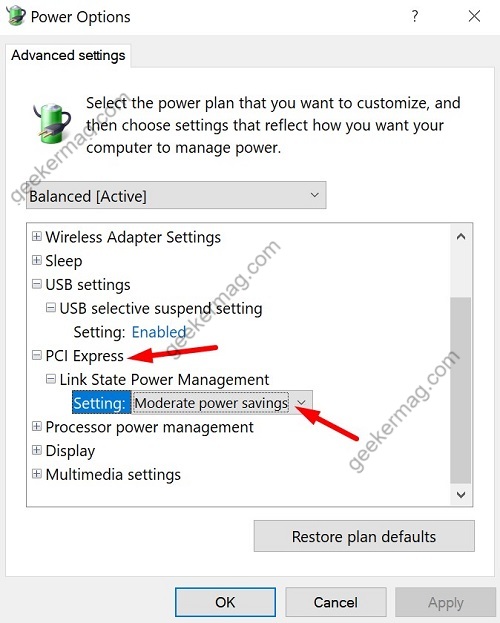 Select Moderate power settings for PCI Express