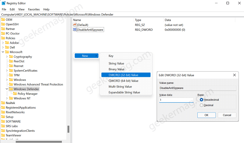 Create DisableAntiSpyware in Windows 11