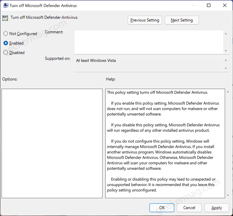 Turn off Microsoft Defender Antivirus in group policy editor in windows 11