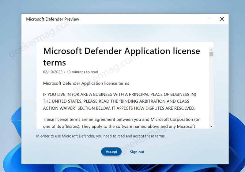 Accept license terms in Microsoft Defender
