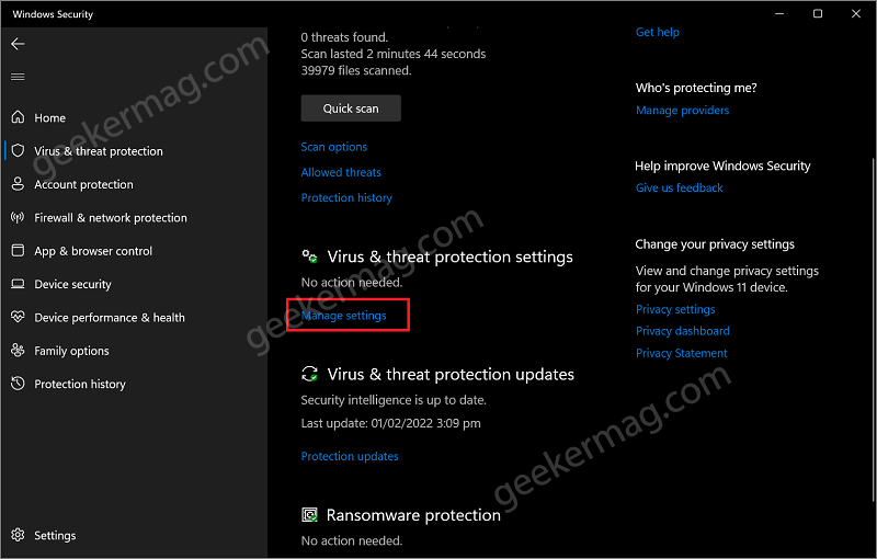 Manage virus and threat protection settings in windows 11