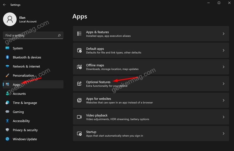 Optional features in windows 11