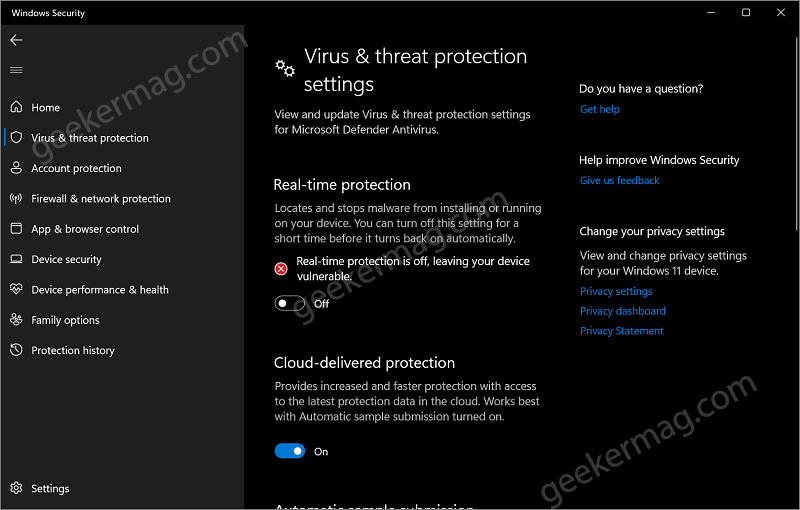 Real-time protection is off, your device is vulnerable in windows security app in windows 11