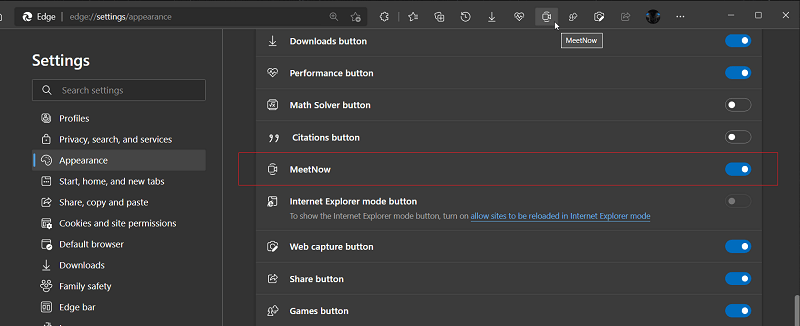 Show or Hide Meet Now button in Edge