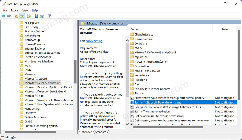 Turn off Microsoft Defender Antivirus in group policy editor in windows 11