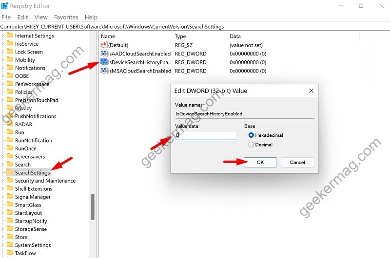 Change Value for IsDeviceSearchHistoryEnabled in Registry