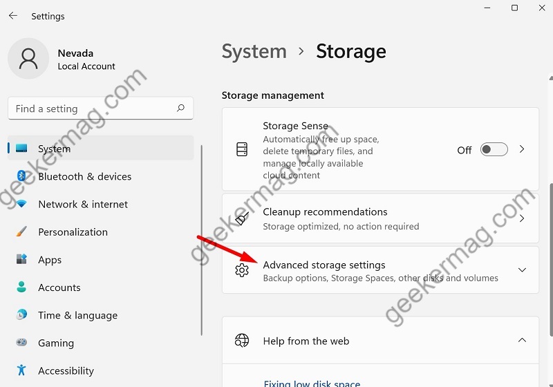 Advance storage settings in windows 11