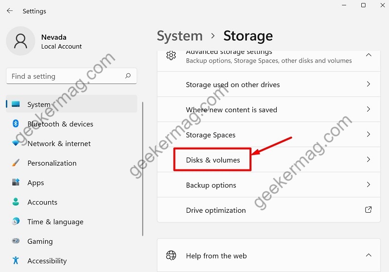 Disk and volumes settings in Windows 11