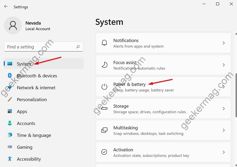 Click on Power and Battery