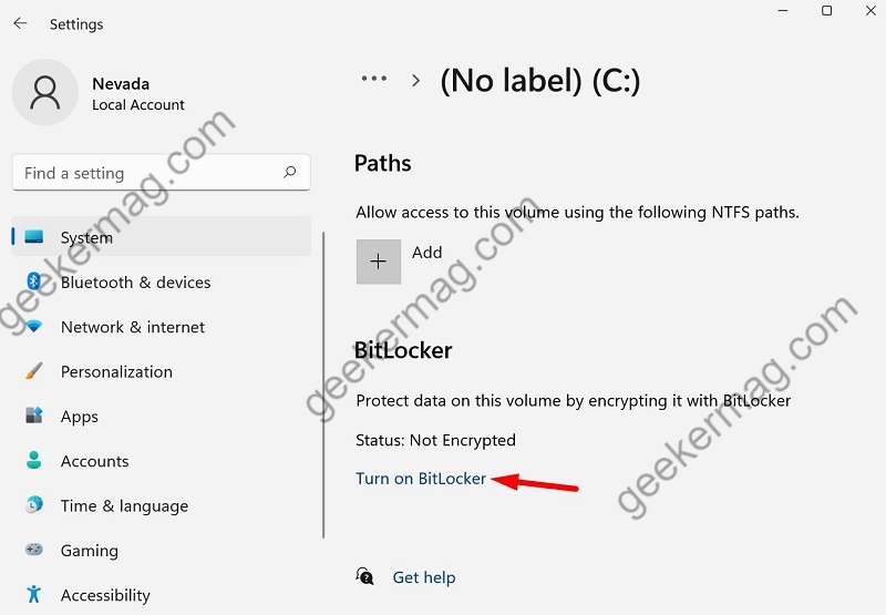 Click on Turn on BitLocker in the Settings app in Windows 11