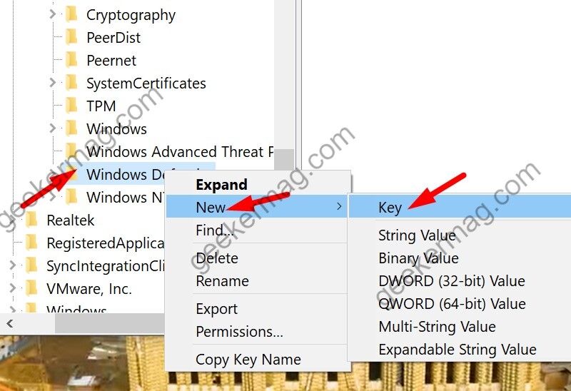 Create a new key for Windows Defender