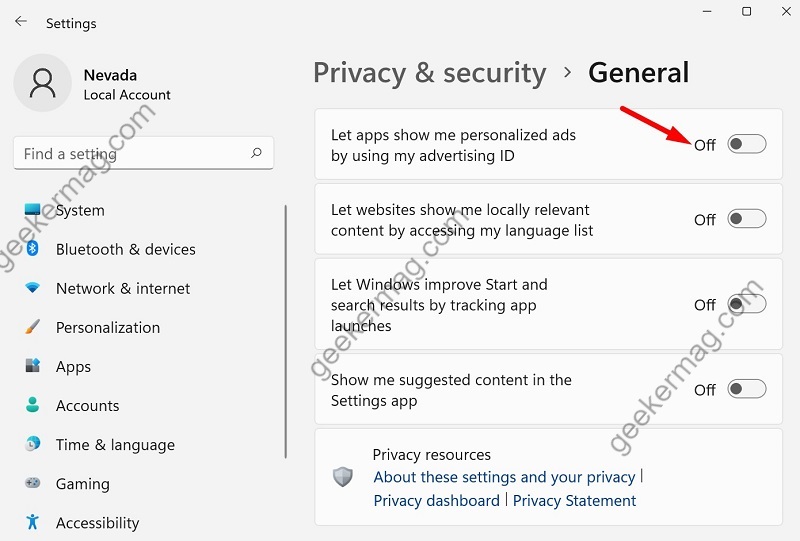 Disable let apps show me personalized Ads option