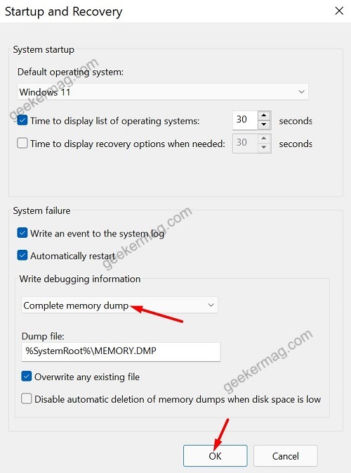 Select Complete Memory Dump and then click ok