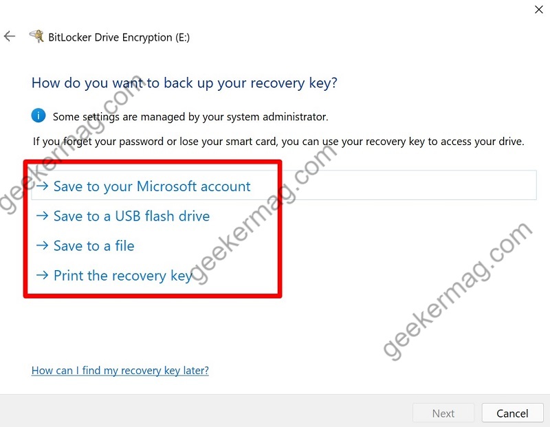 How do you want to back up your recovery key in windows 11