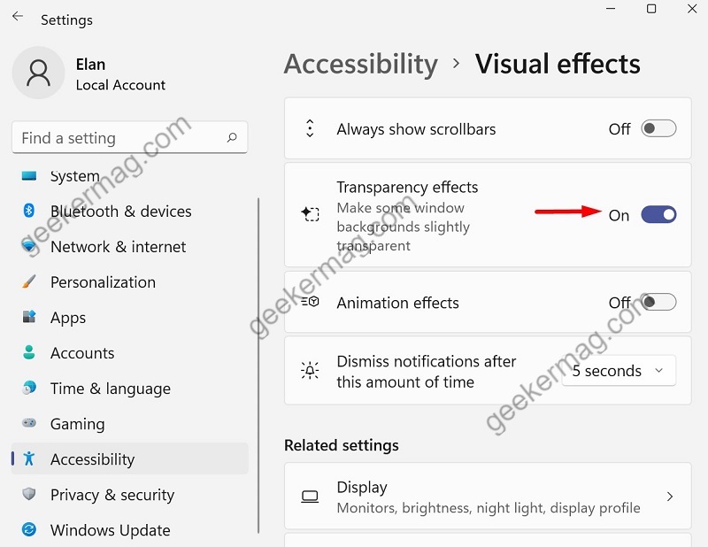 Turn off Transparency Effect in Acessibility
