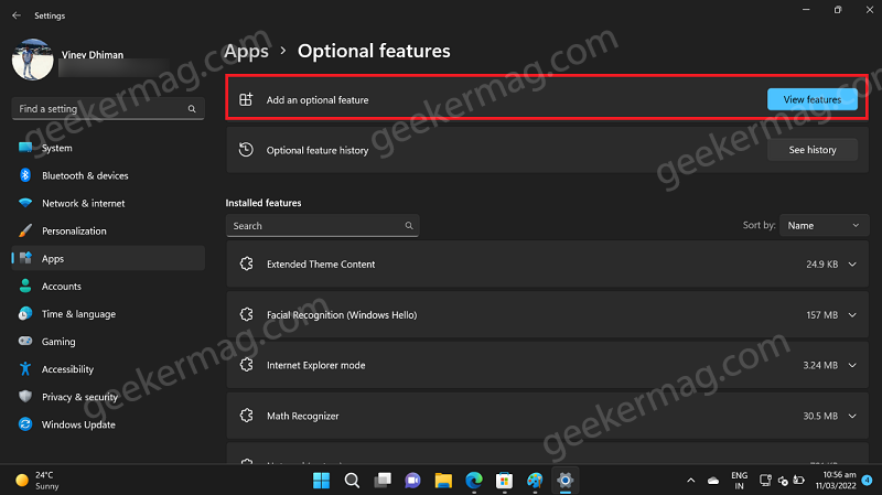 Add an optional feature option in windows 11