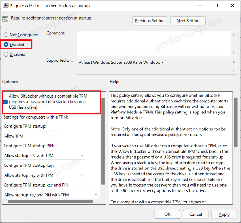 Allow BitLocker without a compatible TPM (requires a password or a startup key on a USB flash drive).