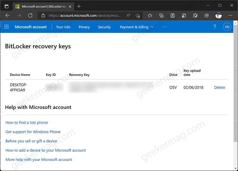 bitlocker key microsoft site